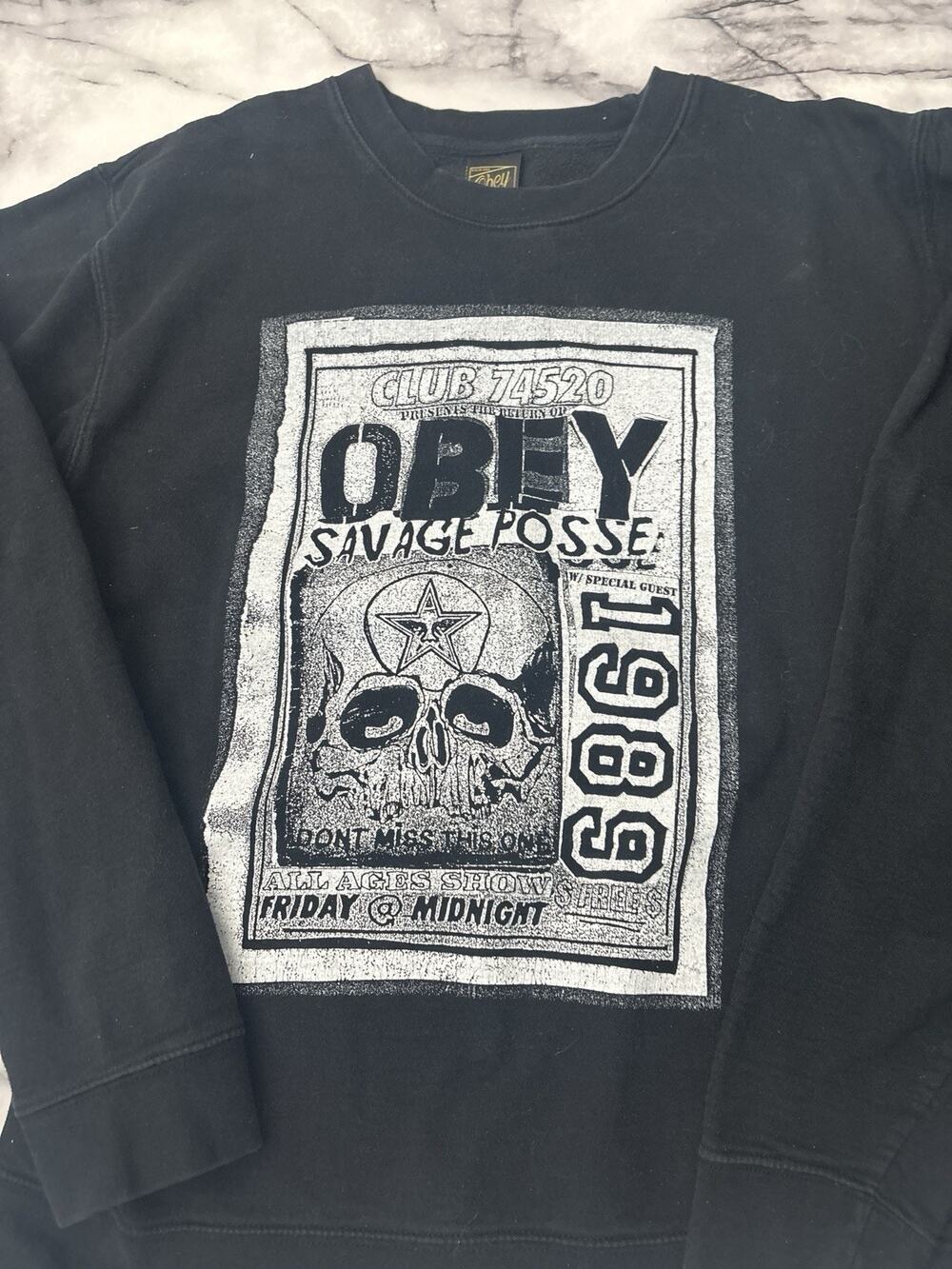Obey SAVAGE POSSE FLYER Black White Graphic Print Men's Crewneck Sweatshirt L